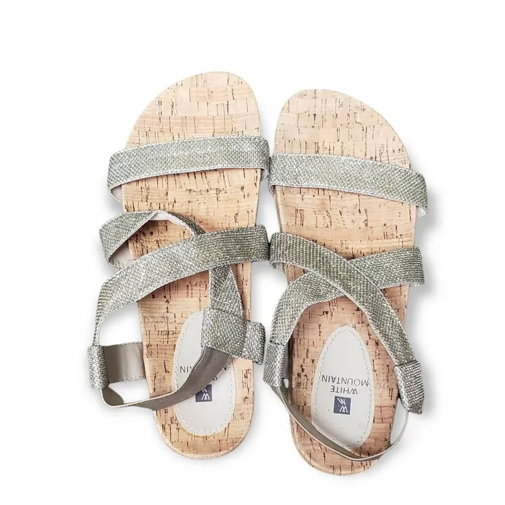 White Mountain Cork Silver & Gold Elastic Strap Open Toe Sandals Shoes  Size 9.5